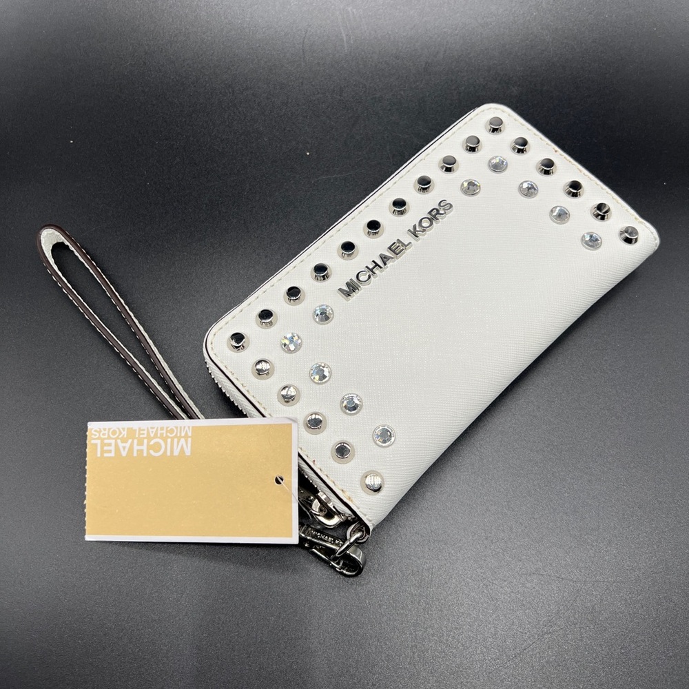 Michael Kors Jet Set Studded Wristlet Wallet Optic White Leather Zip Around NWT - Picture 6 of 8